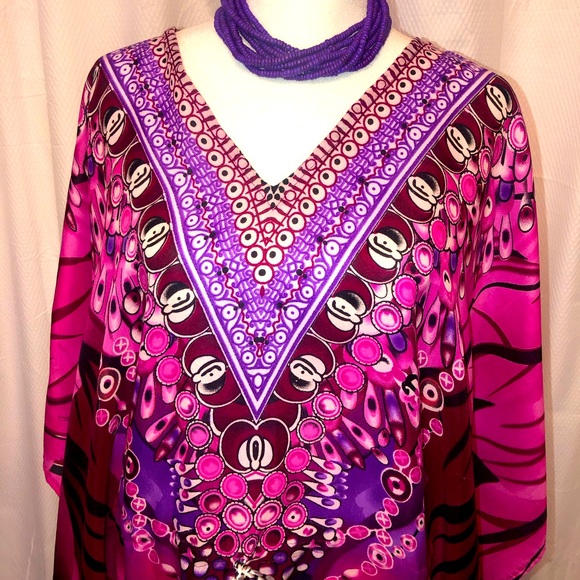 Kaftan dress with matching wood necklace feather and boho print OSFM - Picture 2 of 9